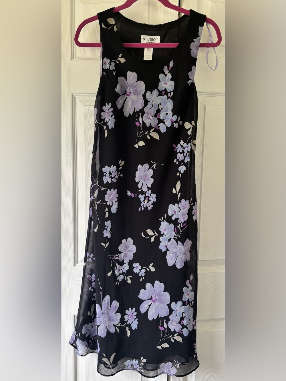 Studio I Petite 12P Black Floral Sleeveless Chiffon Midi Dress